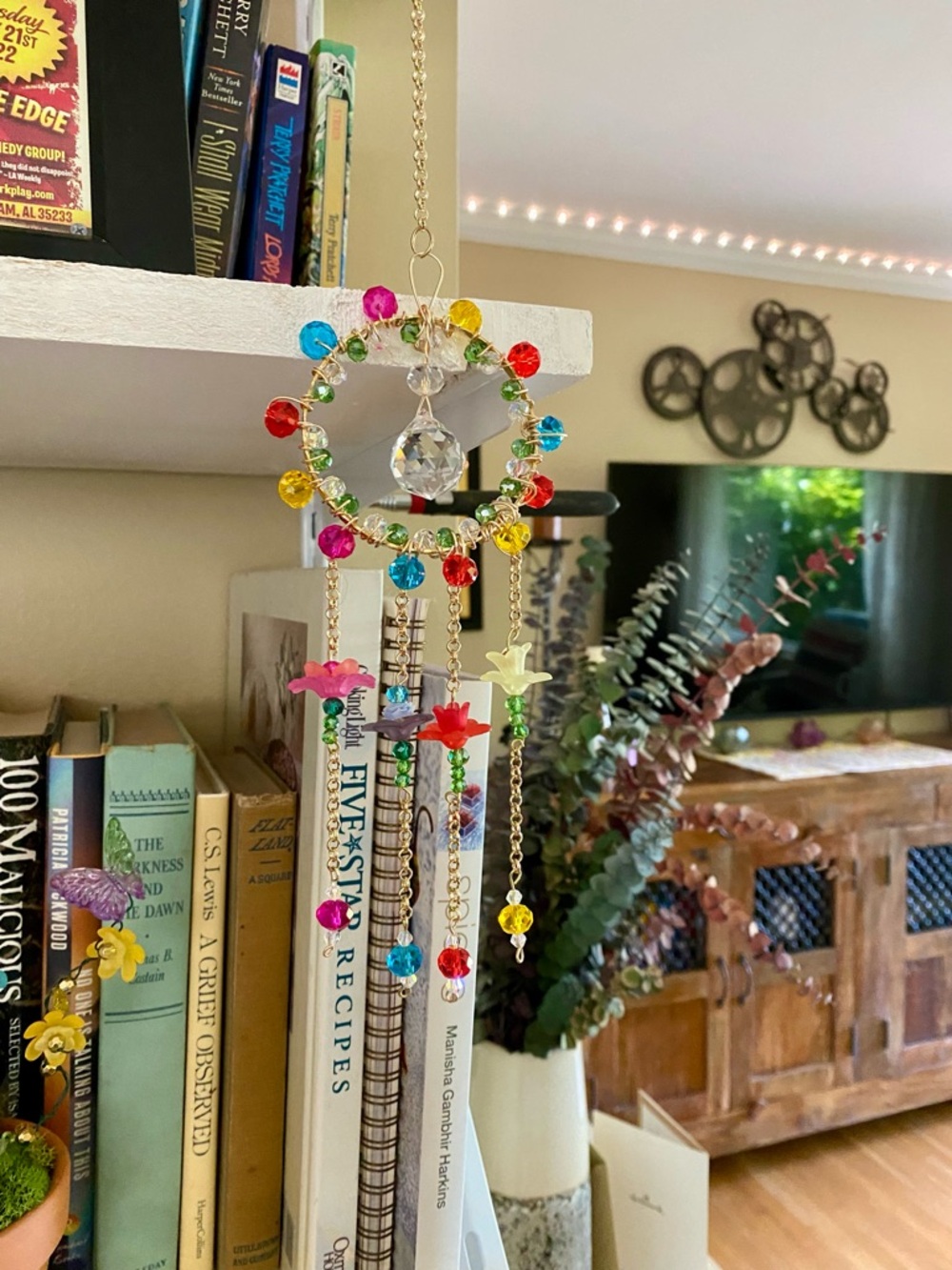 Colorful Hand Made Beaded Hanging Suncatcher with Crystal Prism